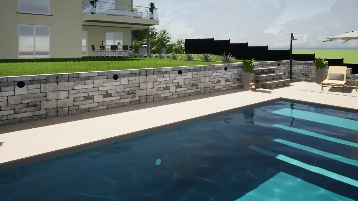 Piscine avec plage immergee et muret pierre